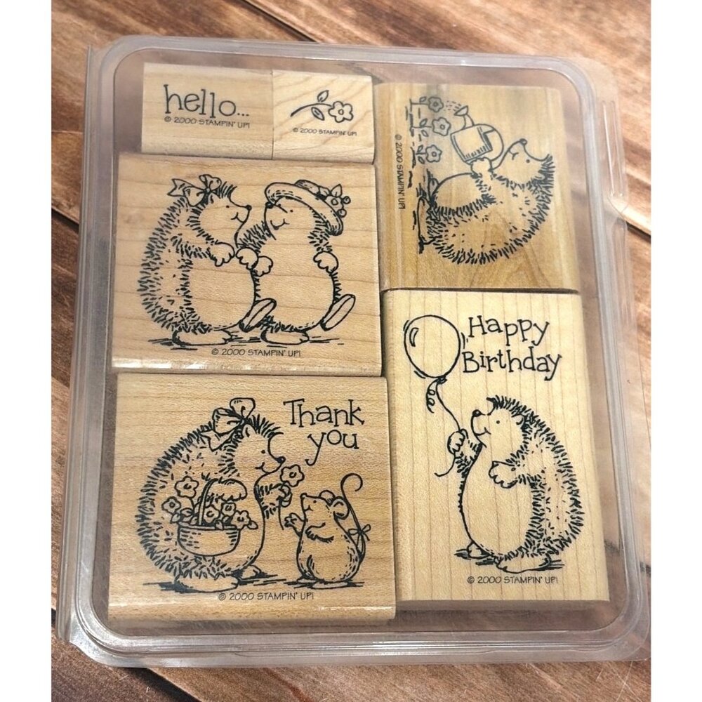 2000 STAMPIN' UP! HEDGEHOG HAPPINESS WOOD MOUNTED RUBBER STAMP SET OF 6